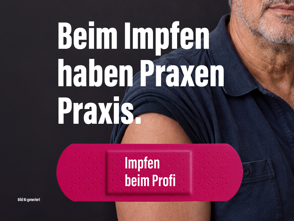 Kampagnenmotiv „Impfen beim Profi“ der KBV: Mann mit Pflaster am Oberarm, Text „Beim Impfen haben Praxen Praxis.“